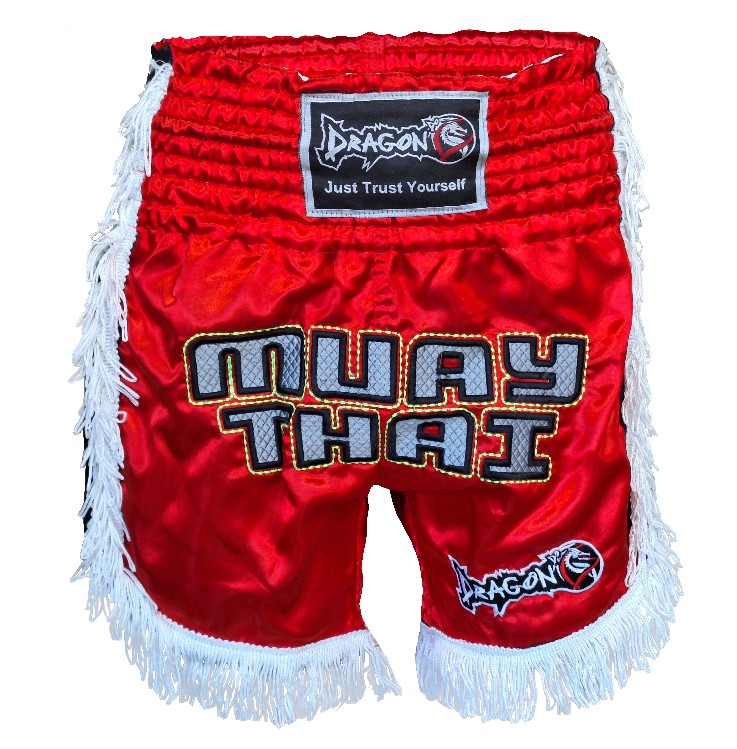 DragonDoDragonDo MT3020 Apache Muaythai Şortu Kırmızı Püsküllü Şort Nakışlı Muay Thai Şortu