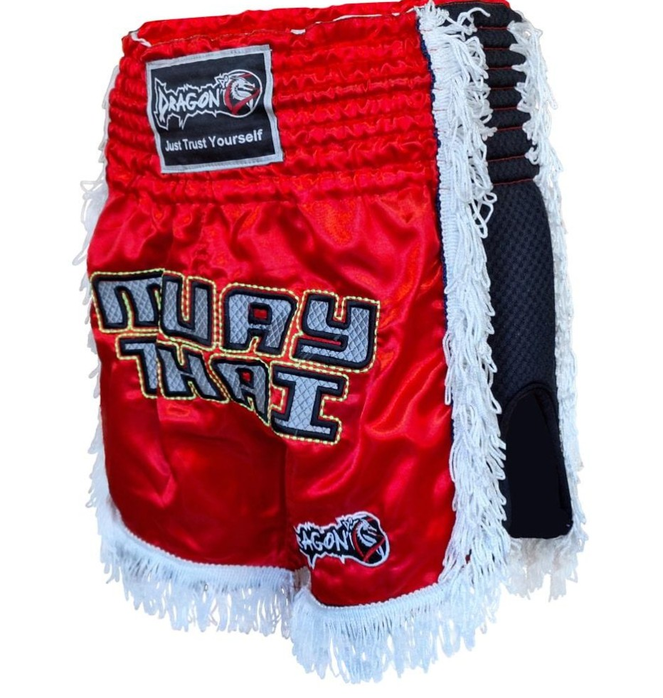 DragonDoDragonDo MT3020 Apache Muaythai Şortu Kırmızı Püsküllü Şort Nakışlı Muay Thai Şortu