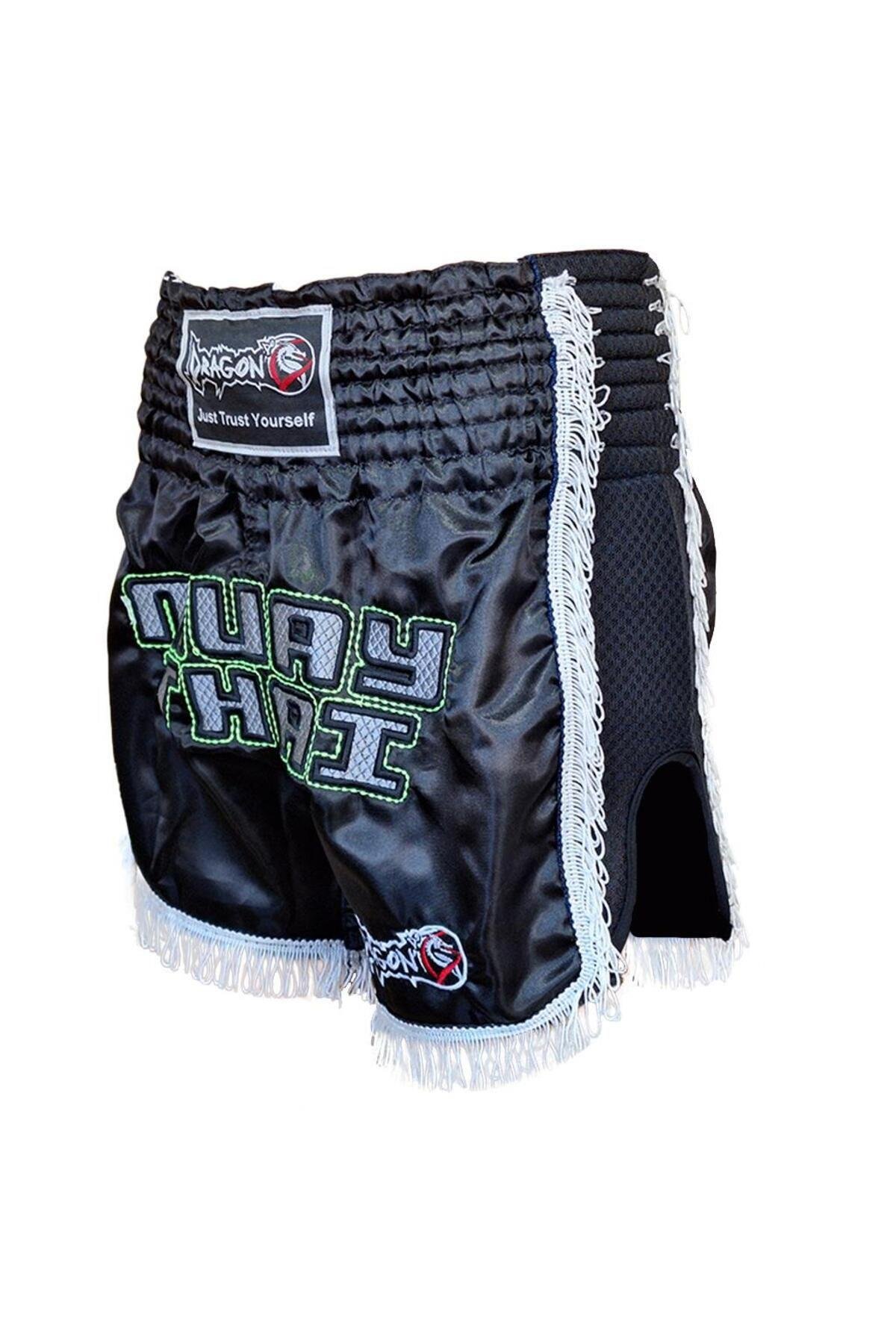 DragonDoDragonDo MT3020 Apache Muaythai Şortu Siyah Püsküllü Şort Nakışlı Muay Thai Şortu