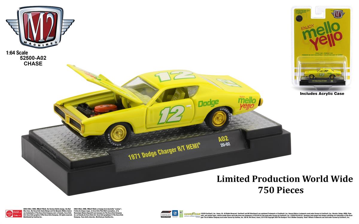 M2 Machines 1971 Dodge Charger R/T Hemi #12 Mello Yello Limited 750 Pieces