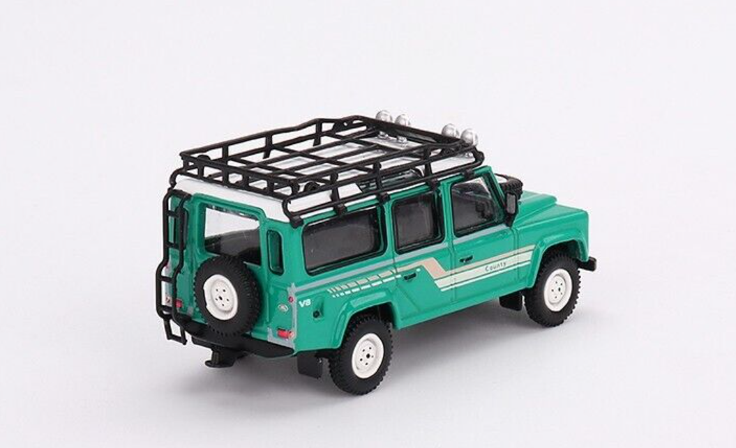 Mini GT Mijo Land Rover Defender 110 1985 County Station Wagon Trident Green lhd