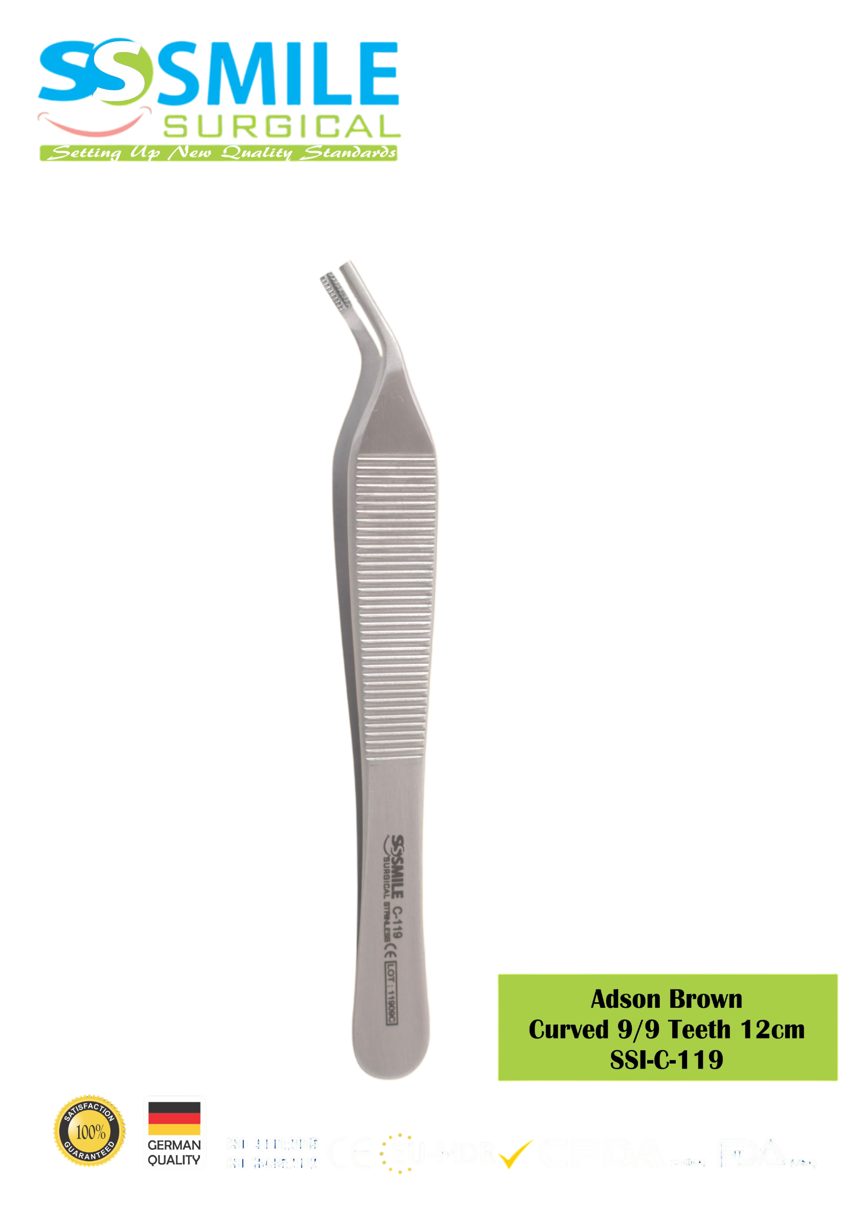 ASİDENTSMILE SURGICAL SSI-C-119SMILE SURGICAL SSI-C-119 ADSON BROWN CURVED (DOKU PENSİ, 9/9 DİŞLİ, KAVİSLİ) 12CM