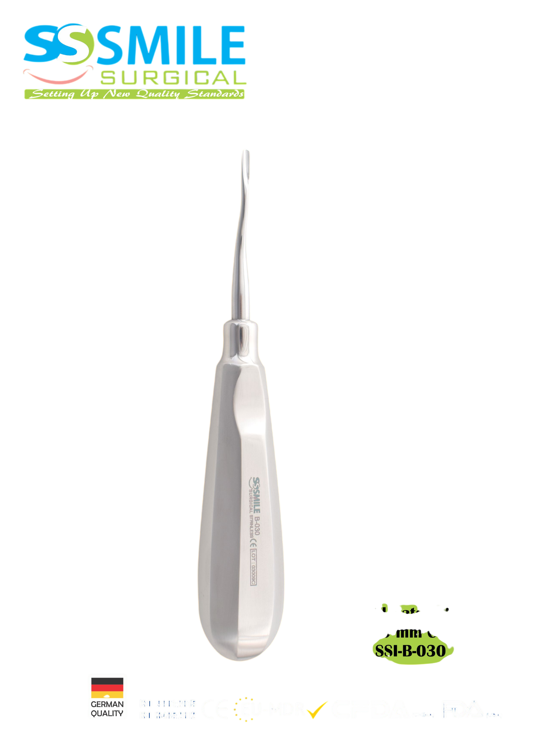 ASİDENTSMILE SURGICALSSI-B-030SMILE SURGICAL SSI-B-030 ROOT ELEVATORS APEXO CURVED (KÖK ELEVATÖRÜ EĞRİ) 2.5X9 MM