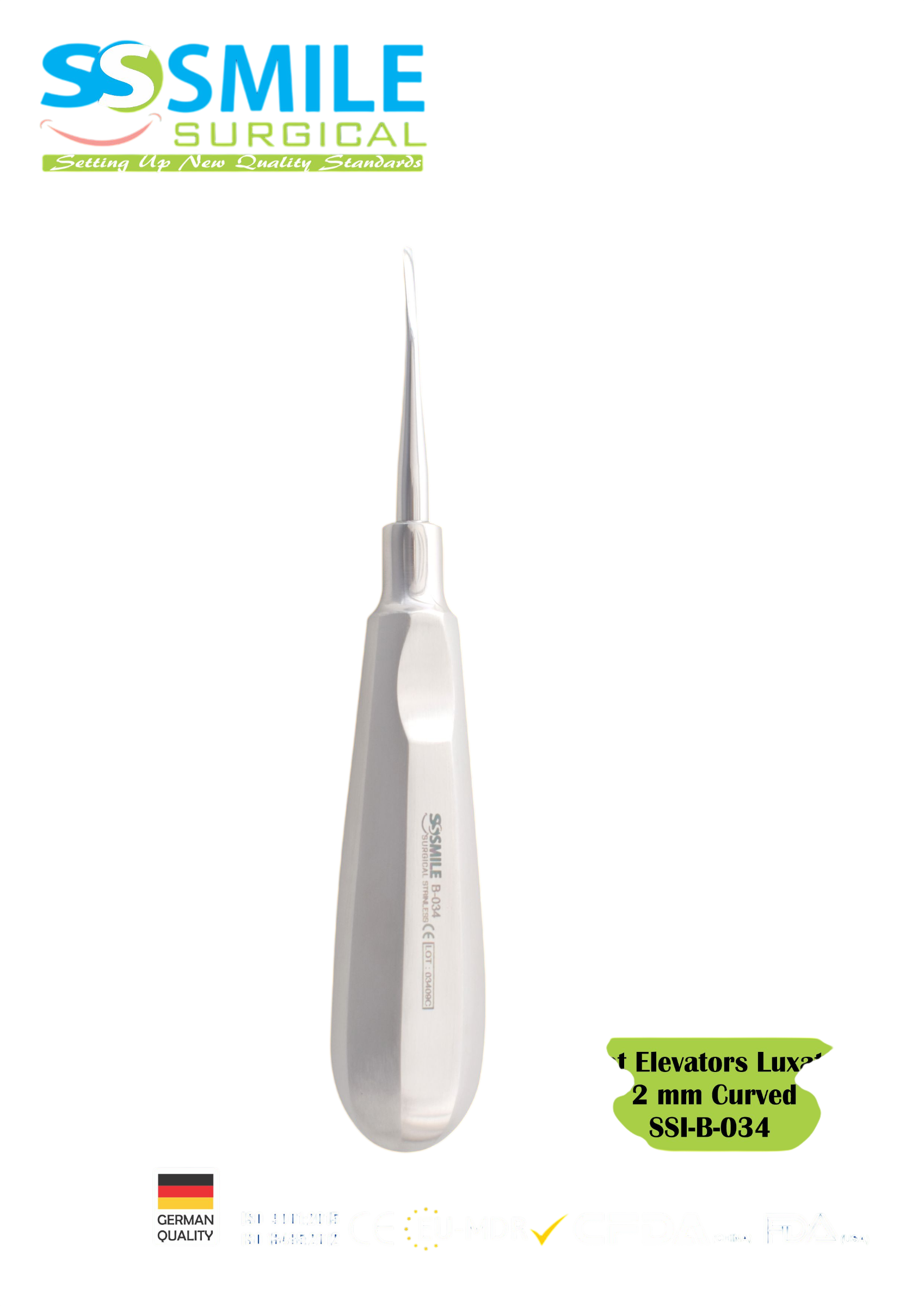 ASİDENTSMILE SURGICALSSI-B-034SMILE SURGICAL SSI-B-034 ROOT ELEVATORS LUXATOR CURVED (KÖK ELEVATÖRÜ LUKSATÖR EĞRİ) 2 MM
