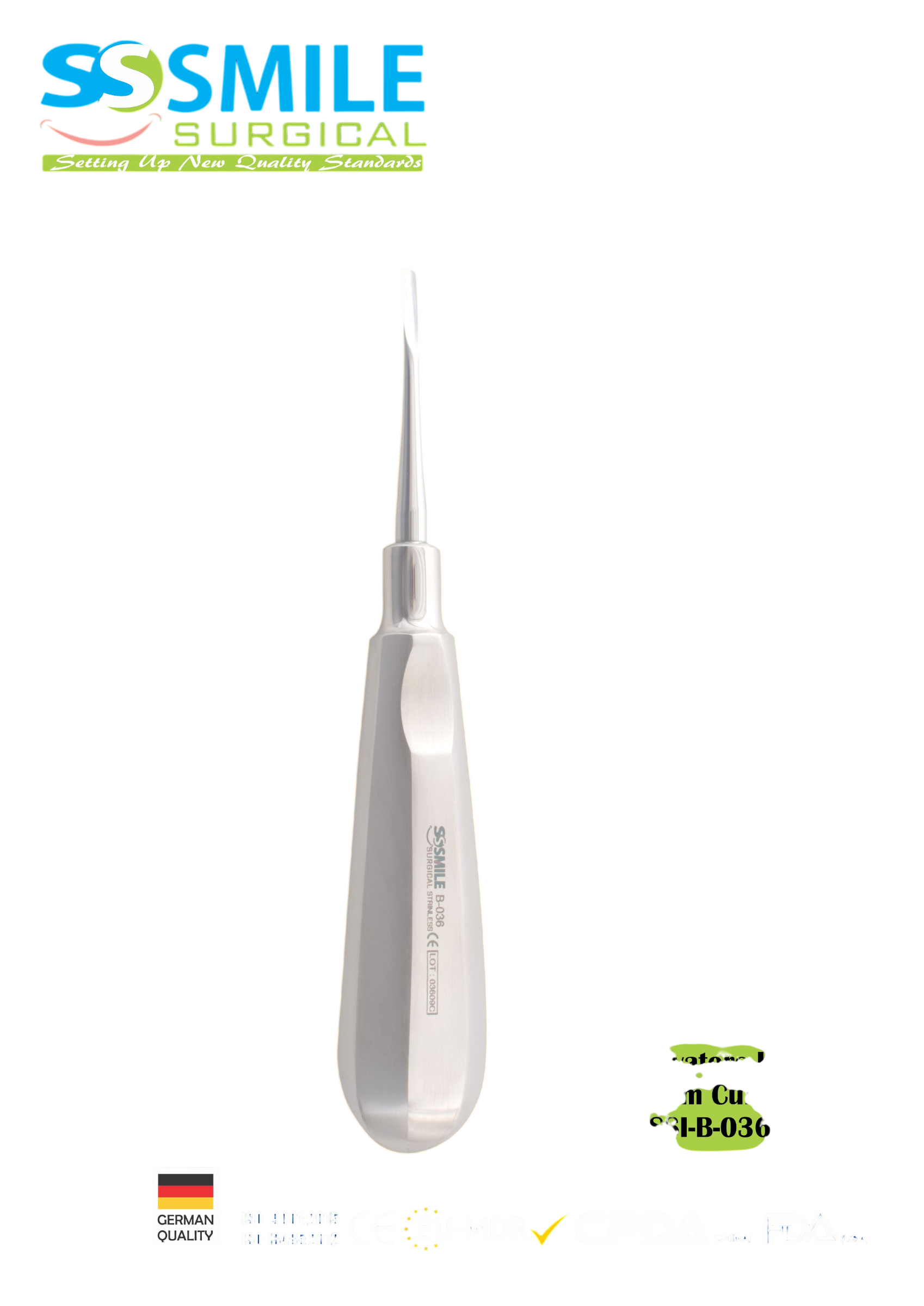 ASİDENTSMILE SURGICALSSI-B-036SMILE SURGICAL SSI-B-036 ROOT ELEVATORS LUXATOR CURVED (KÖK ELEVATÖRÜ LUKSATÖR EĞRİ) 3 MM