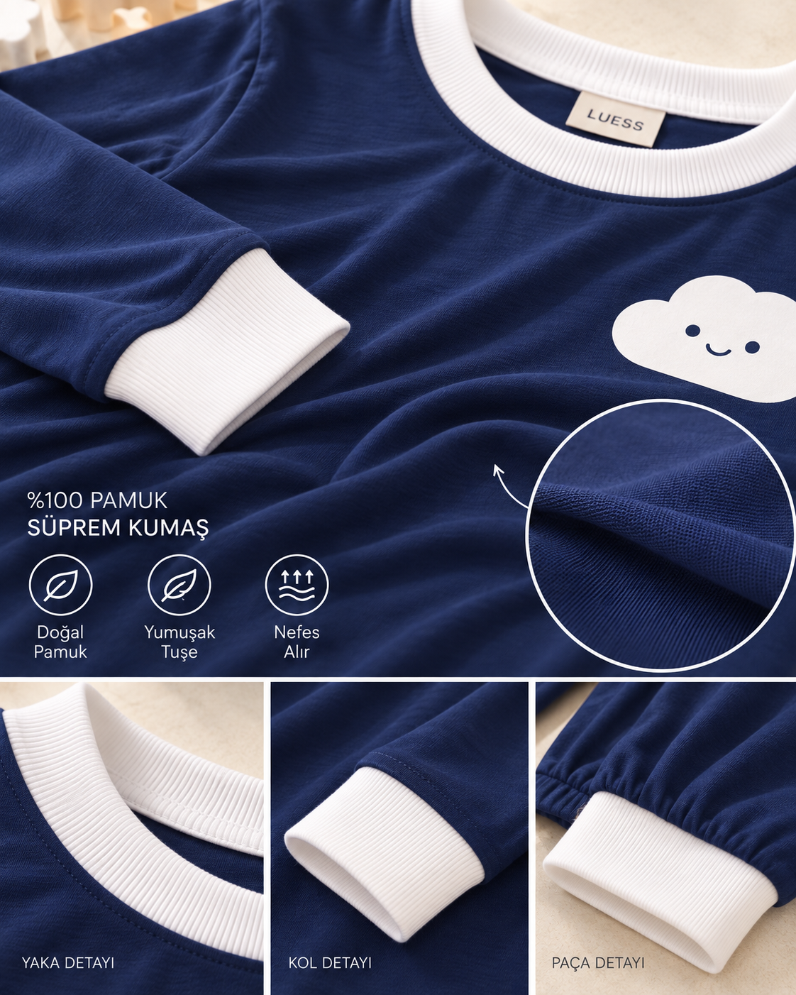 Erkek Çocuk Lacivert Bulut Baskılı Uzun Kollu Süprem Pijama Takımı