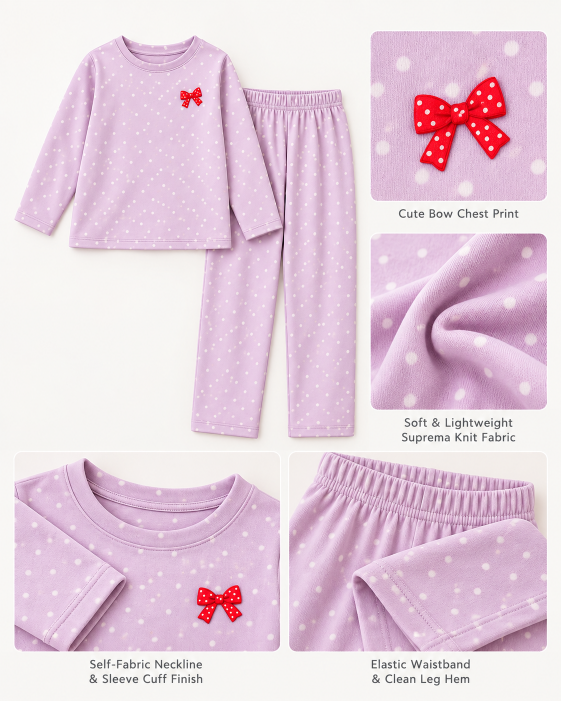 Kız Çocuk Lila Puantiyeli Uzun Kollu Pijama Takımı