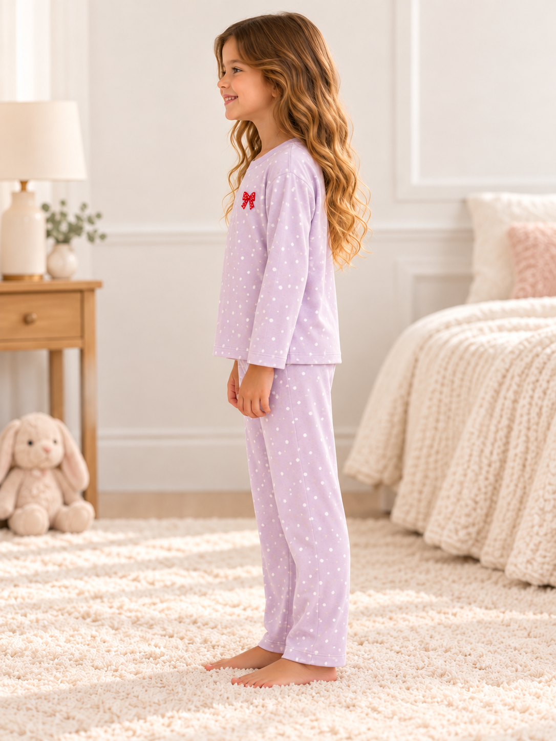 Kız Çocuk Lila Puantiyeli Uzun Kollu Pijama Takımı