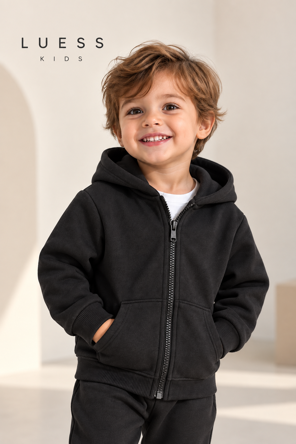 LUESS Çocuk Kapüşonlu Fermuarlı Sweatshirt Siyah