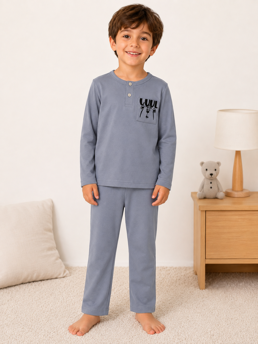 LUESS Erkek Çocuk %100 Pamuk İnterlok Uzun Kollu Pijama Takımı – Cool Ayıcık Desenli Gri