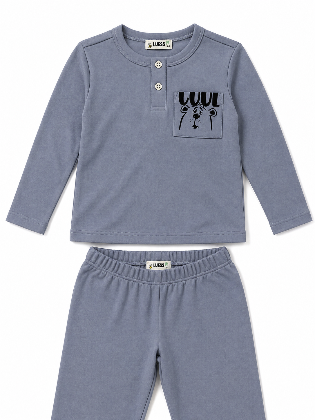 LUESS Erkek Çocuk %100 Pamuk İnterlok Uzun Kollu Pijama Takımı – Cool Ayıcık Desenli Gri