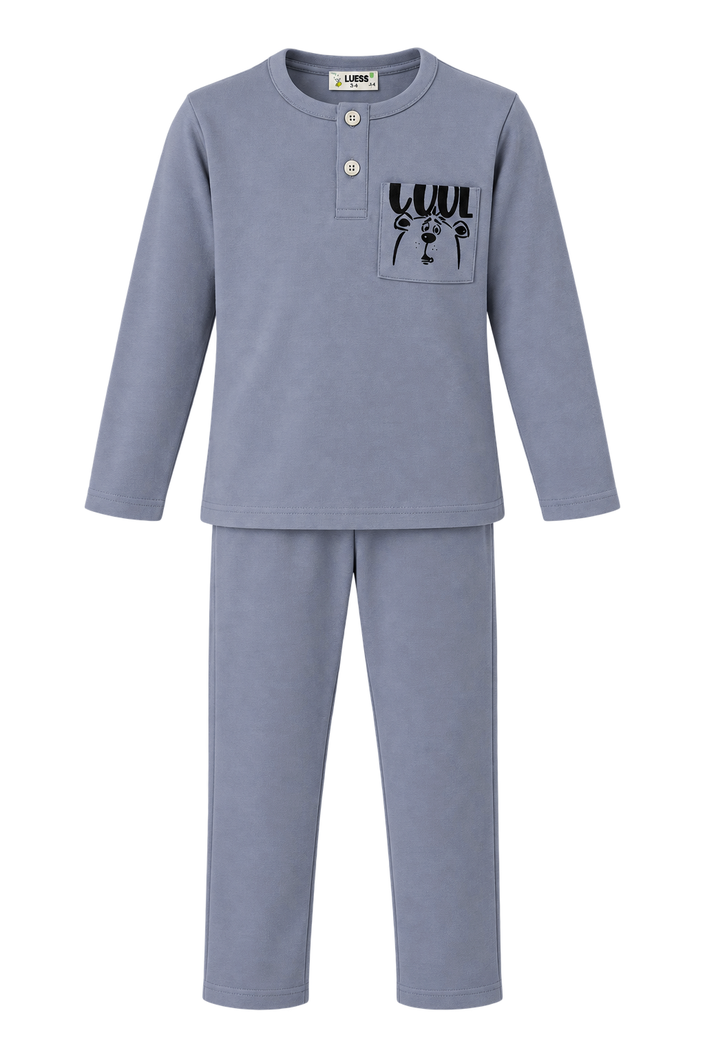 LUESS Erkek Çocuk %100 Pamuk İnterlok Uzun Kollu Pijama Takımı – Cool Ayıcık Desenli Gri