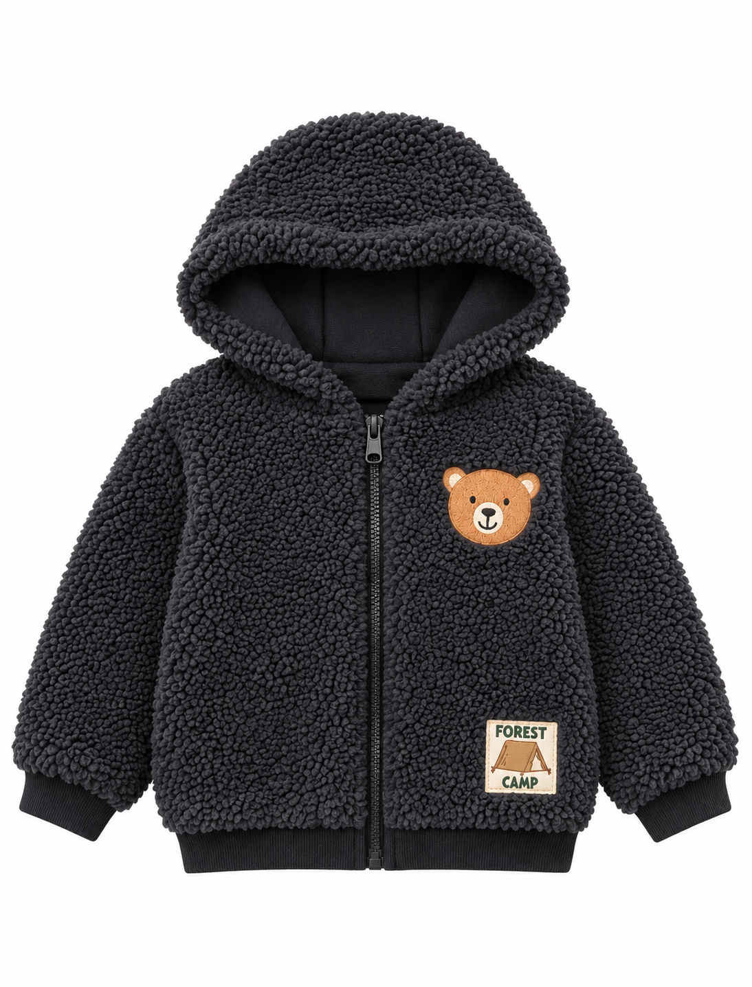 LUESS Erkek Çocuk Kapüşonlu Fermuarlı Peluş Peluş Mont Ayıcık Nakışlı - Füme