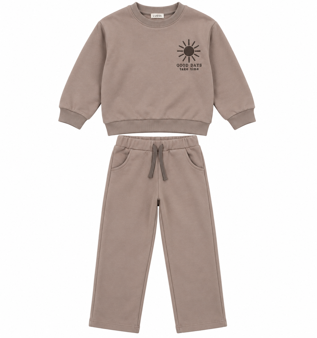 LUESS Erkek Çocuk Sweatshirt Pantolon Eşofman Takımı 3 İplik Şardonsuz - Vizon