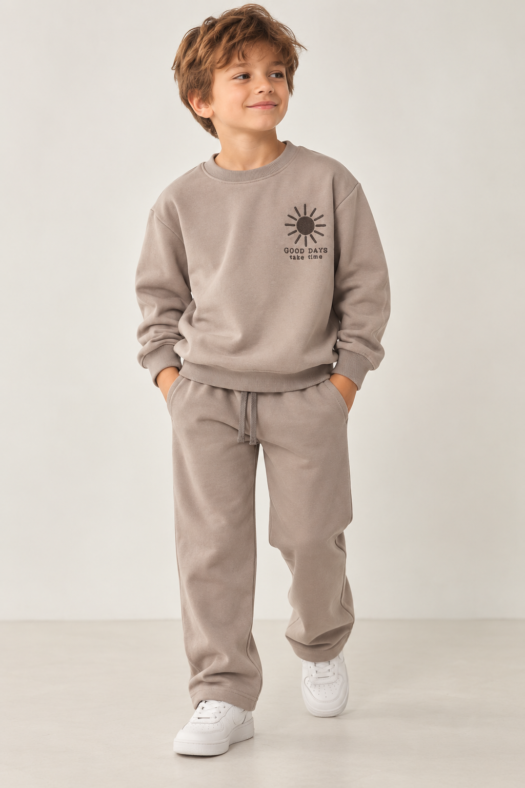 LUESS Erkek Çocuk Sweatshirt Pantolon Eşofman Takımı 3 İplik Şardonsuz - Vizon