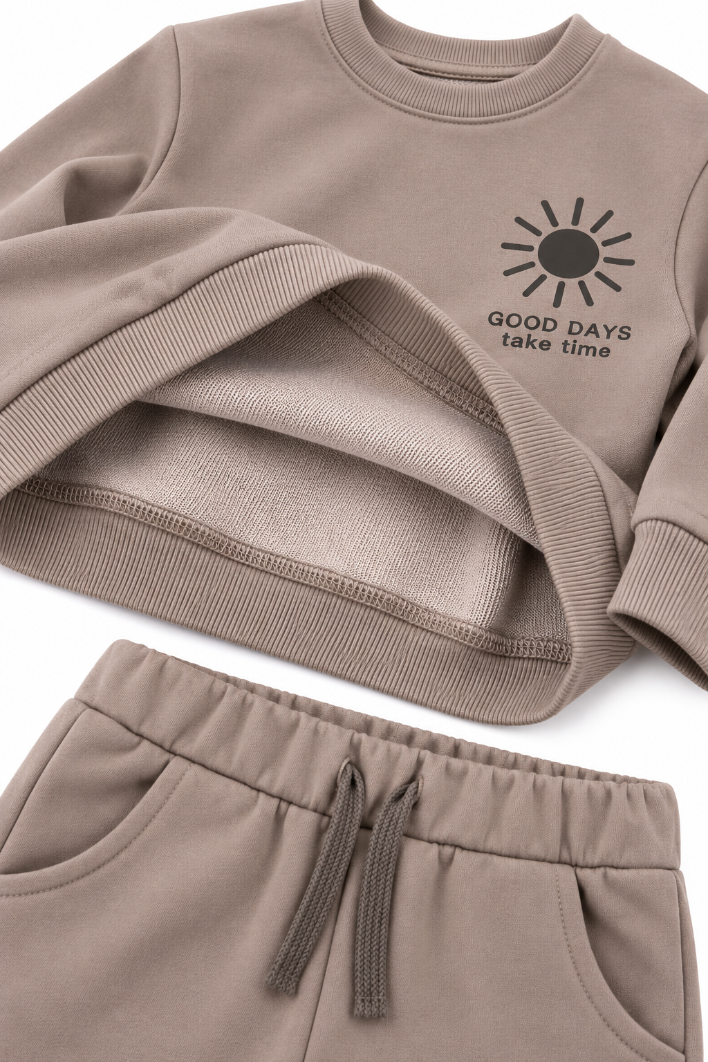 LUESS Erkek Çocuk Sweatshirt Pantolon Eşofman Takımı 3 İplik Şardonsuz - Vizon