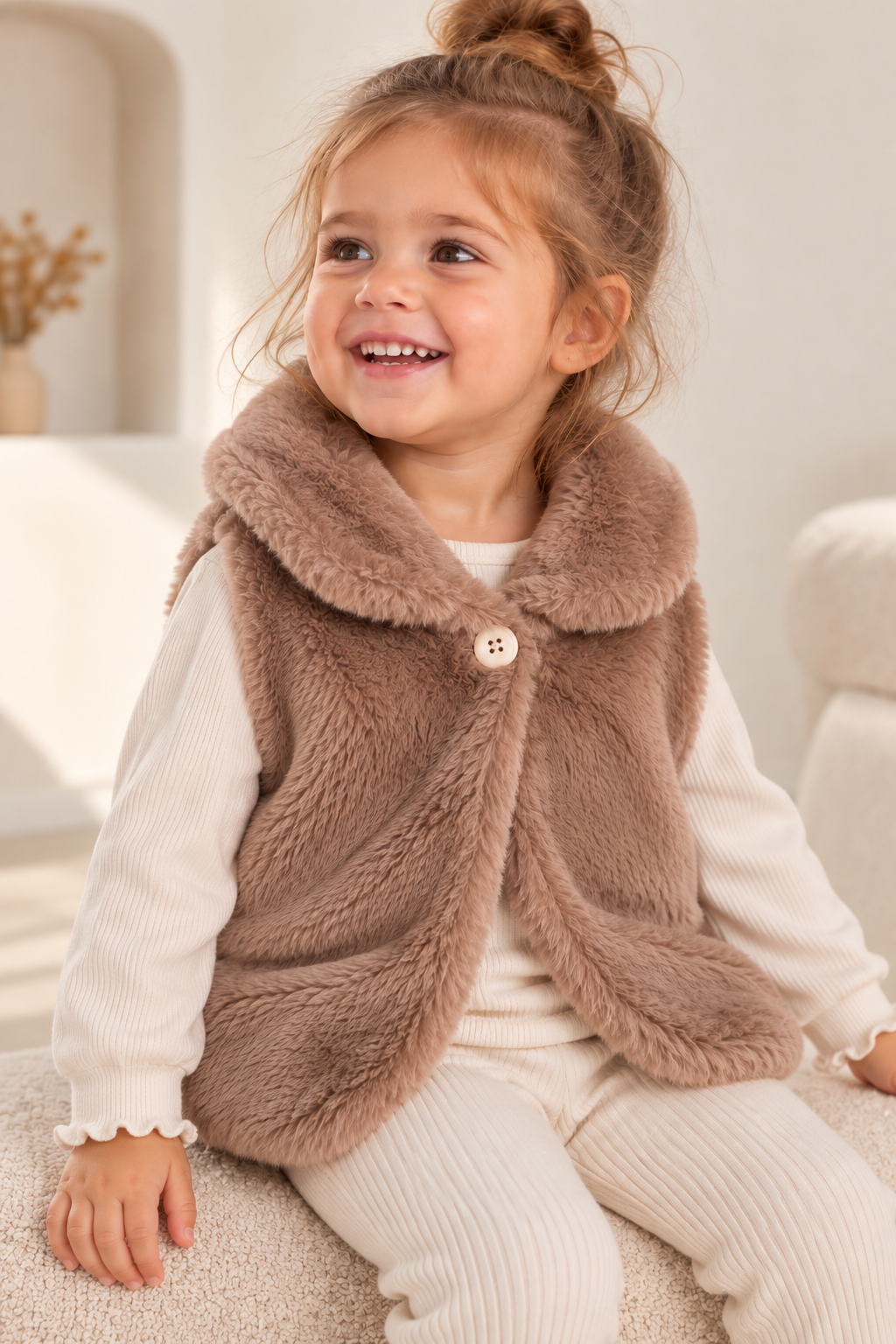 LUESS Kız Bebek Peluş Yelek Kalp Nakışlı Vizon