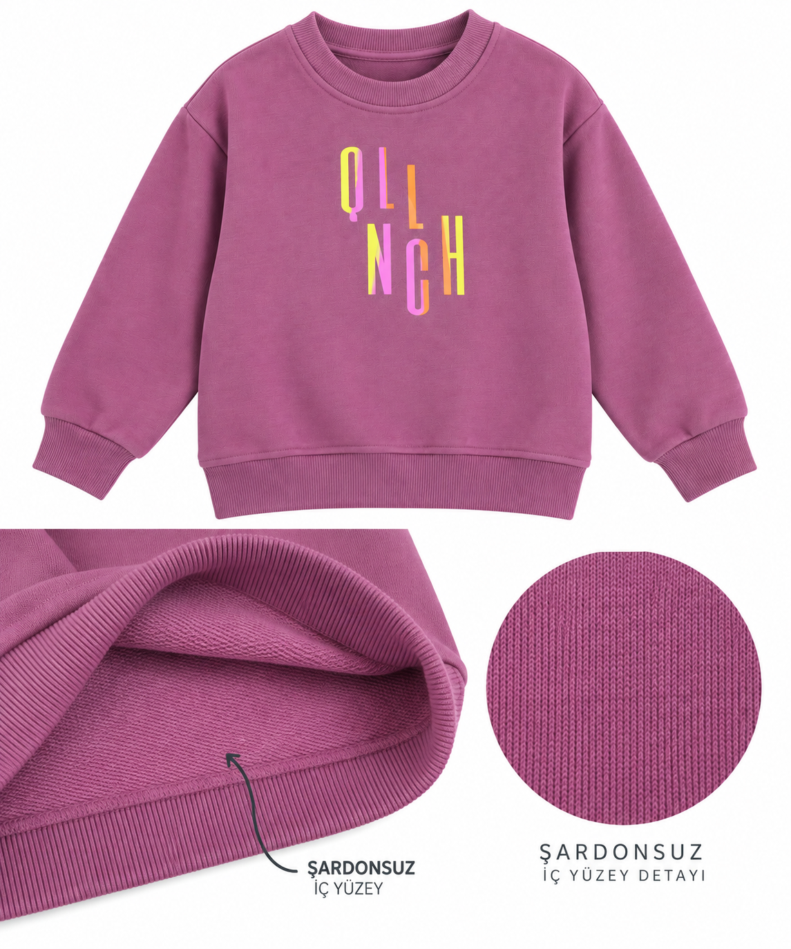LUESS Kız Çocuk Bisiklet Yaka Renkli Baskılı Sweatshirt – Gül Kurusu