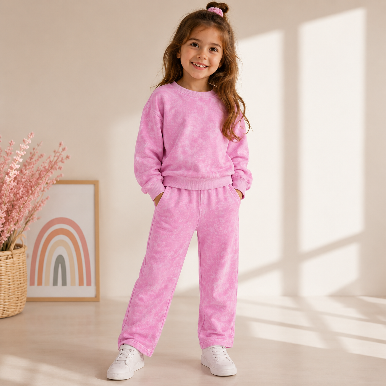 LUESS Kız Çocuk Pembe Batik Yıkamalı Sweatshirt Boru Paça Eşofman Altı 2'li Takım
