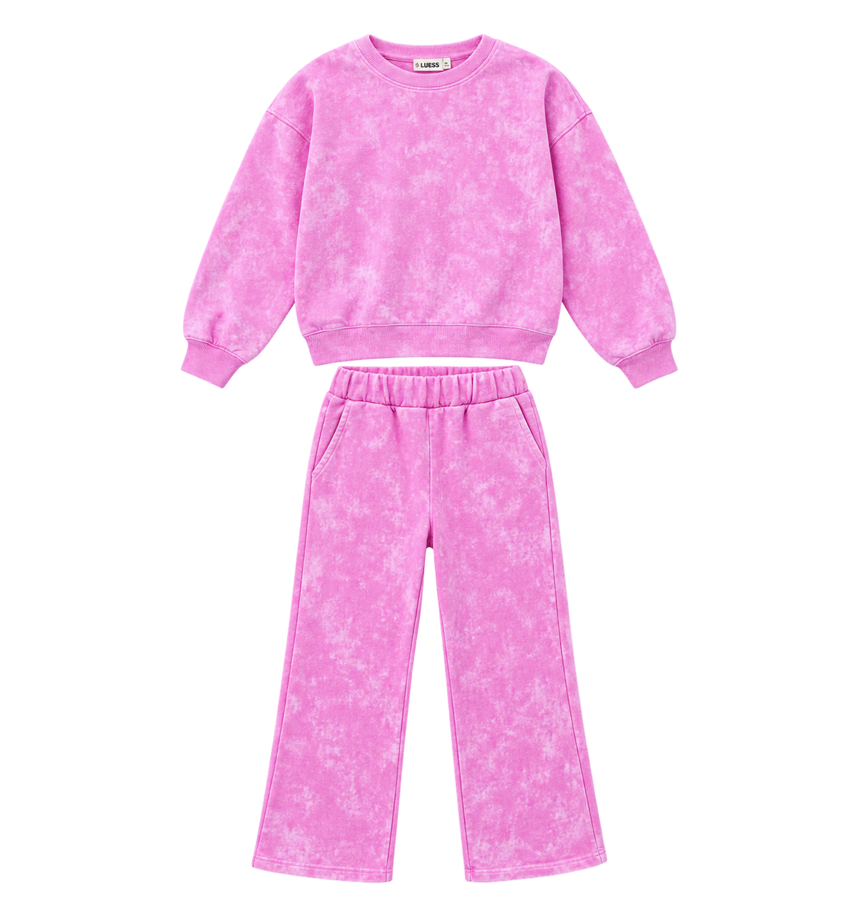 LUESS Kız Çocuk Pembe Batik Yıkamalı Sweatshirt Boru Paça Eşofman Altı 2'li Takım