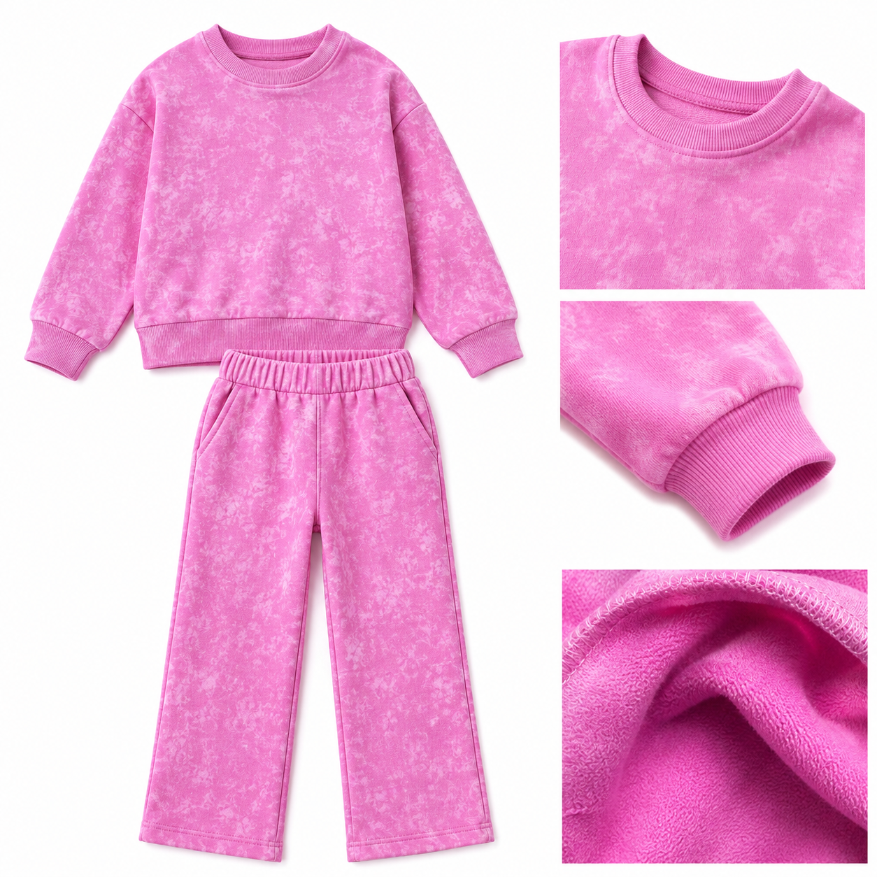 LUESS Kız Çocuk Pembe Batik Yıkamalı Sweatshirt Boru Paça Eşofman Altı 2'li Takım