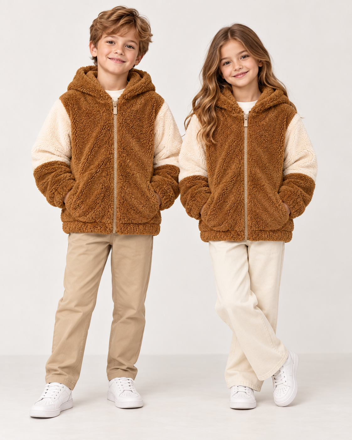 LUESS Unisex Çocuk Kahverengi Ekru Peluş Kapüşonlu Fermuarlı Mont / 4-12 Yaş
