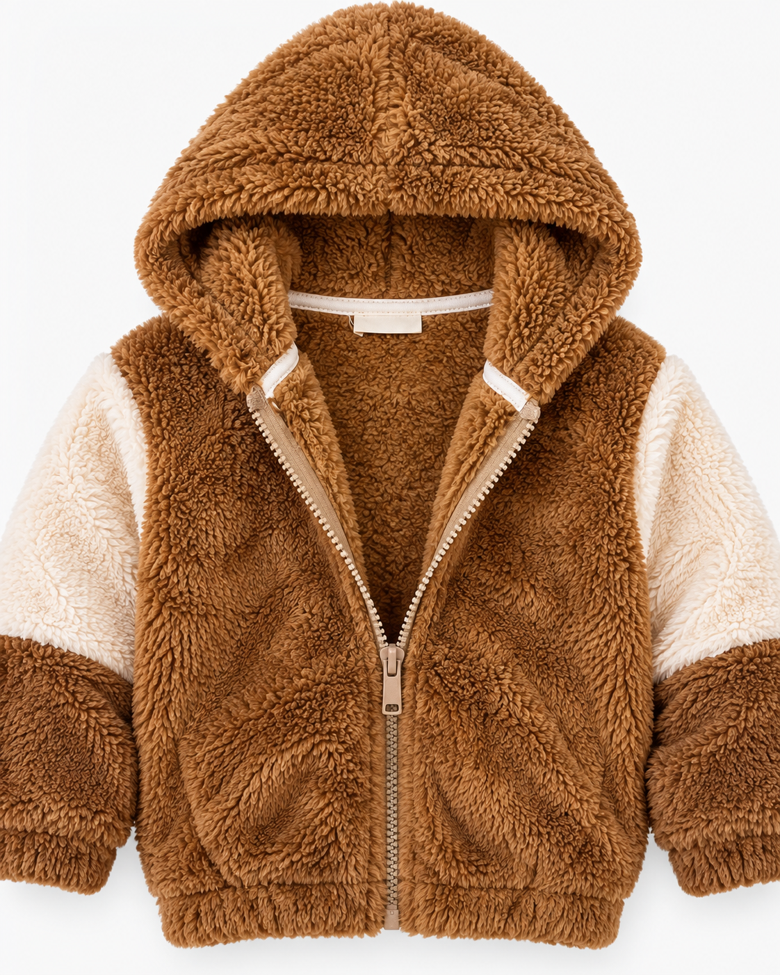 LUESS Unisex Çocuk Kahverengi Ekru Peluş Kapüşonlu Fermuarlı Mont / 4-12 Yaş