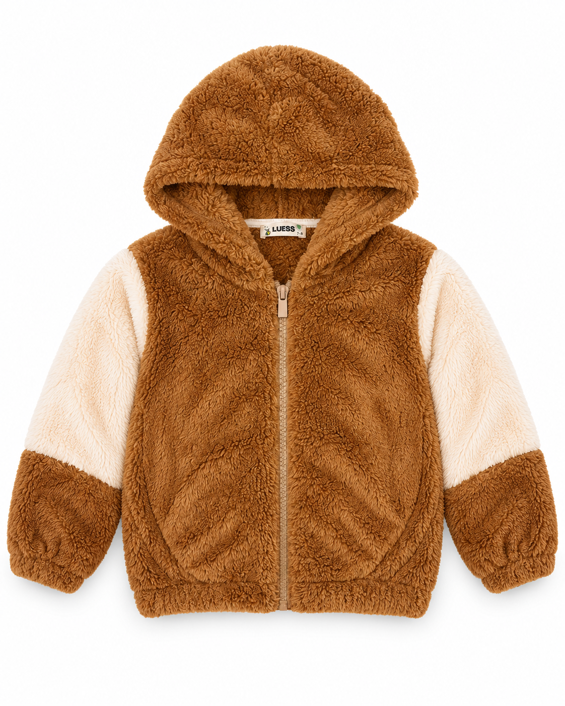LUESS Unisex Çocuk Kahverengi Ekru Peluş Kapüşonlu Fermuarlı Mont / 4-12 Yaş
