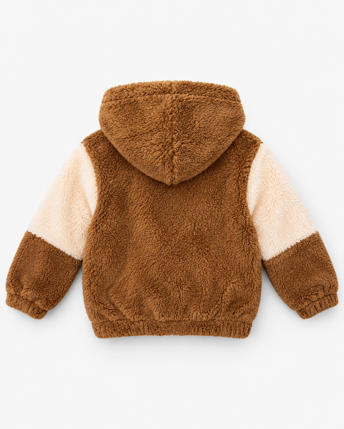 LUESS Unisex Çocuk Kahverengi Ekru Peluş Kapüşonlu Fermuarlı Mont / 4-12 Yaş