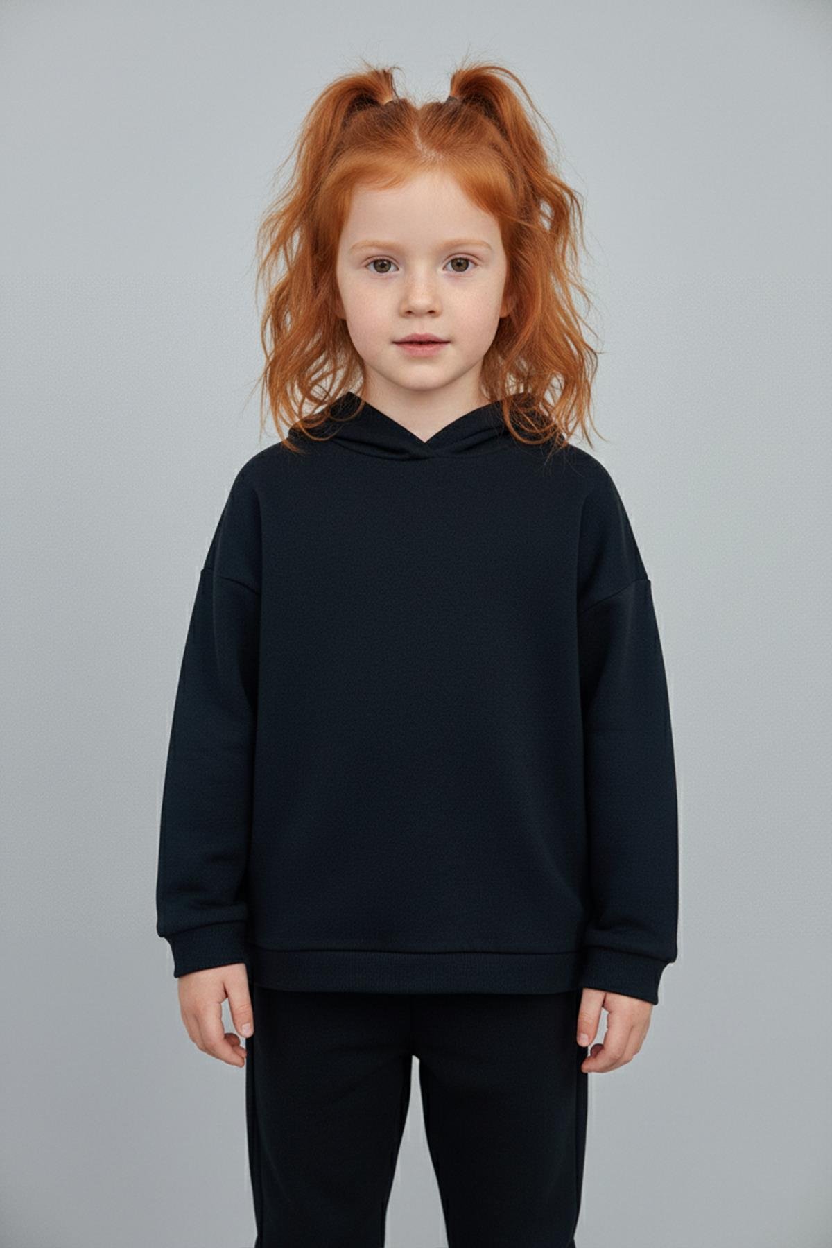 Unisex Çocuk Basic Pamuklu Kapüşonlu Sweatshirt - Siyah