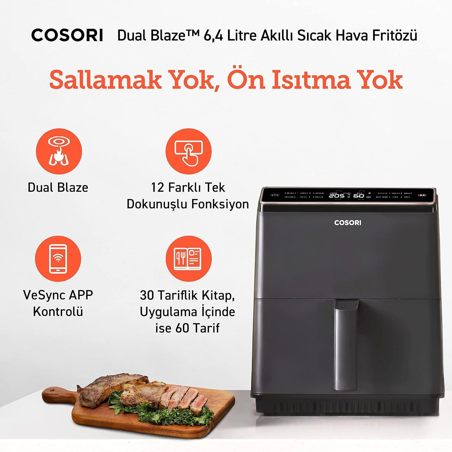 Cosori Sıcak Hava Fritözü ikili Isıtma Sistemi, 6.4 Lt Siyah (T)