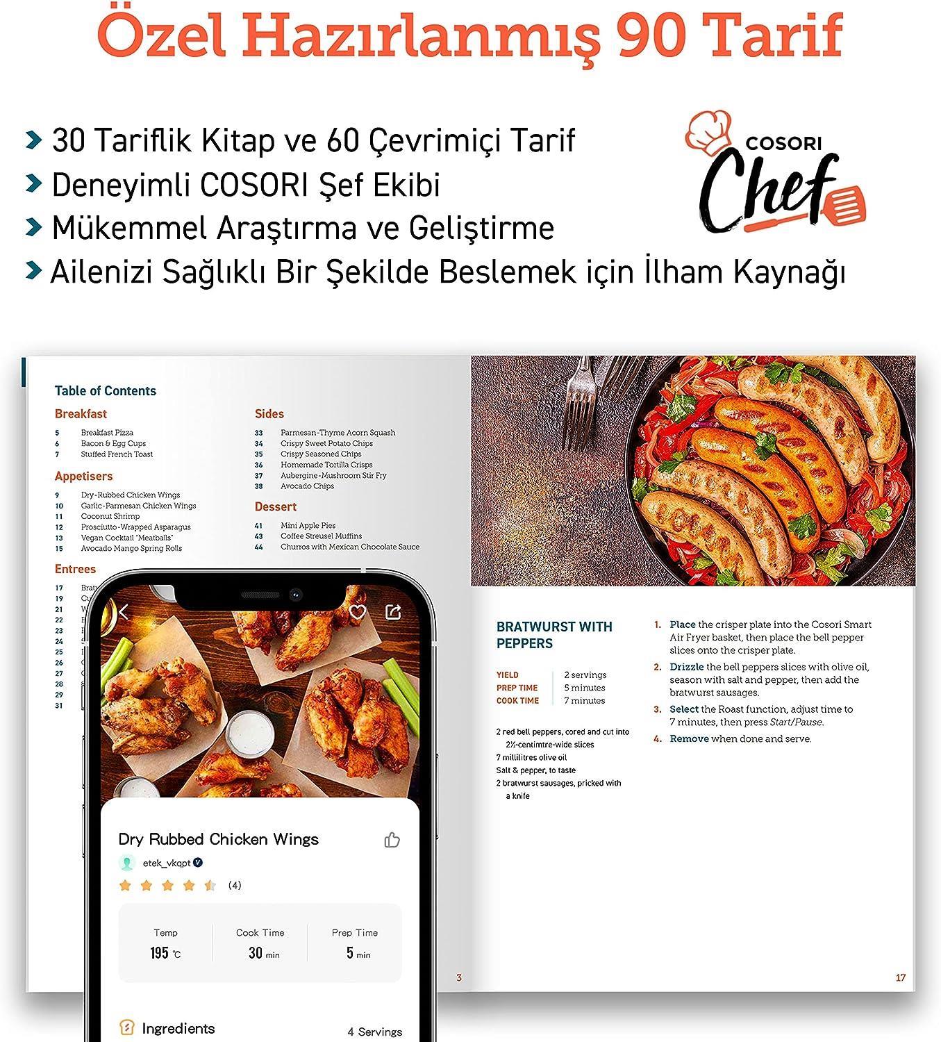 Cosori Sıcak Hava Fritözü ikili Isıtma Sistemi, 6.4 Lt Siyah (T)