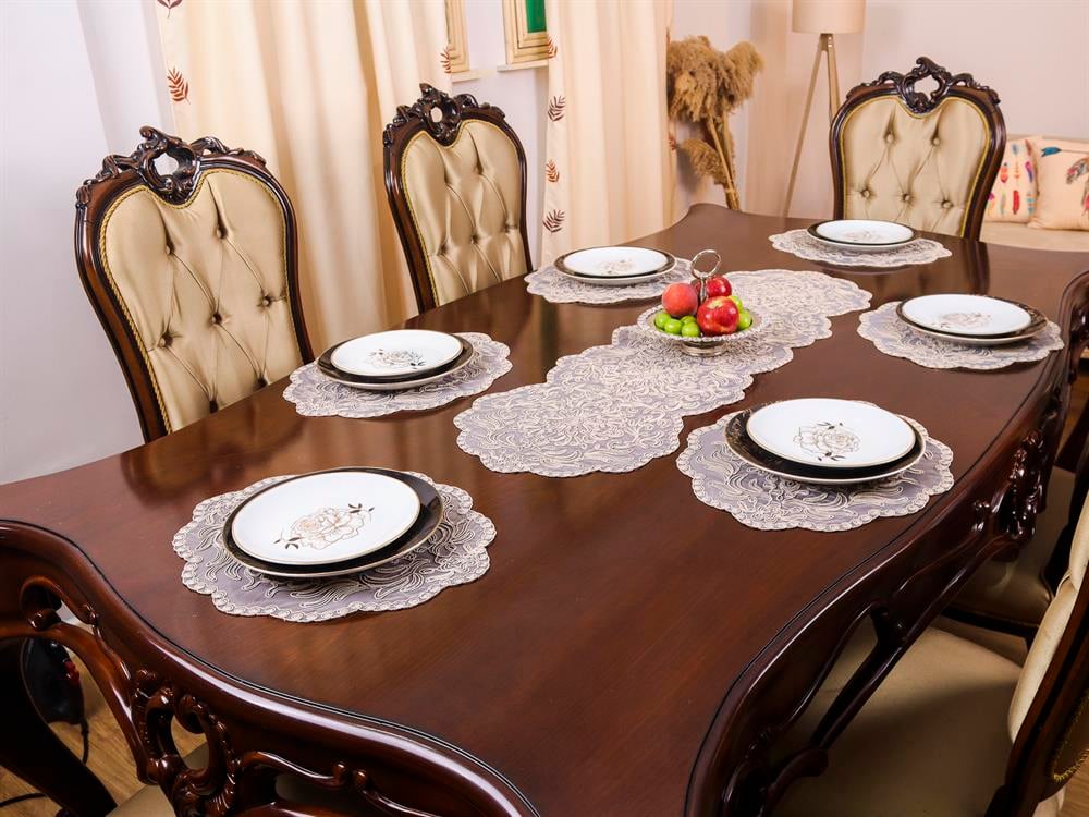 Amerikan Servis 12 Kişilik Supla ve Runner Set Bej Renk 13 Parça Set Masa ve Sunum Takımı Tropikhome
