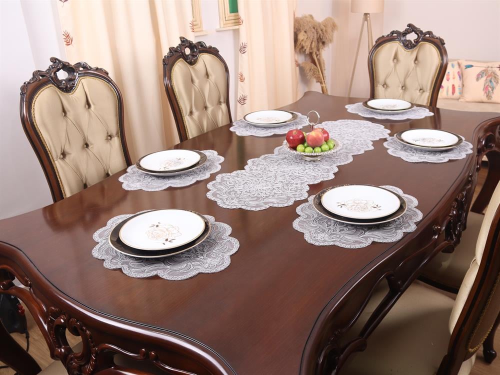 Amerikan Servis 12 Kişilik Supla ve Runner Set Gri Renk 13 Parça Set Masa ve Sunum Takımı Tropikhome