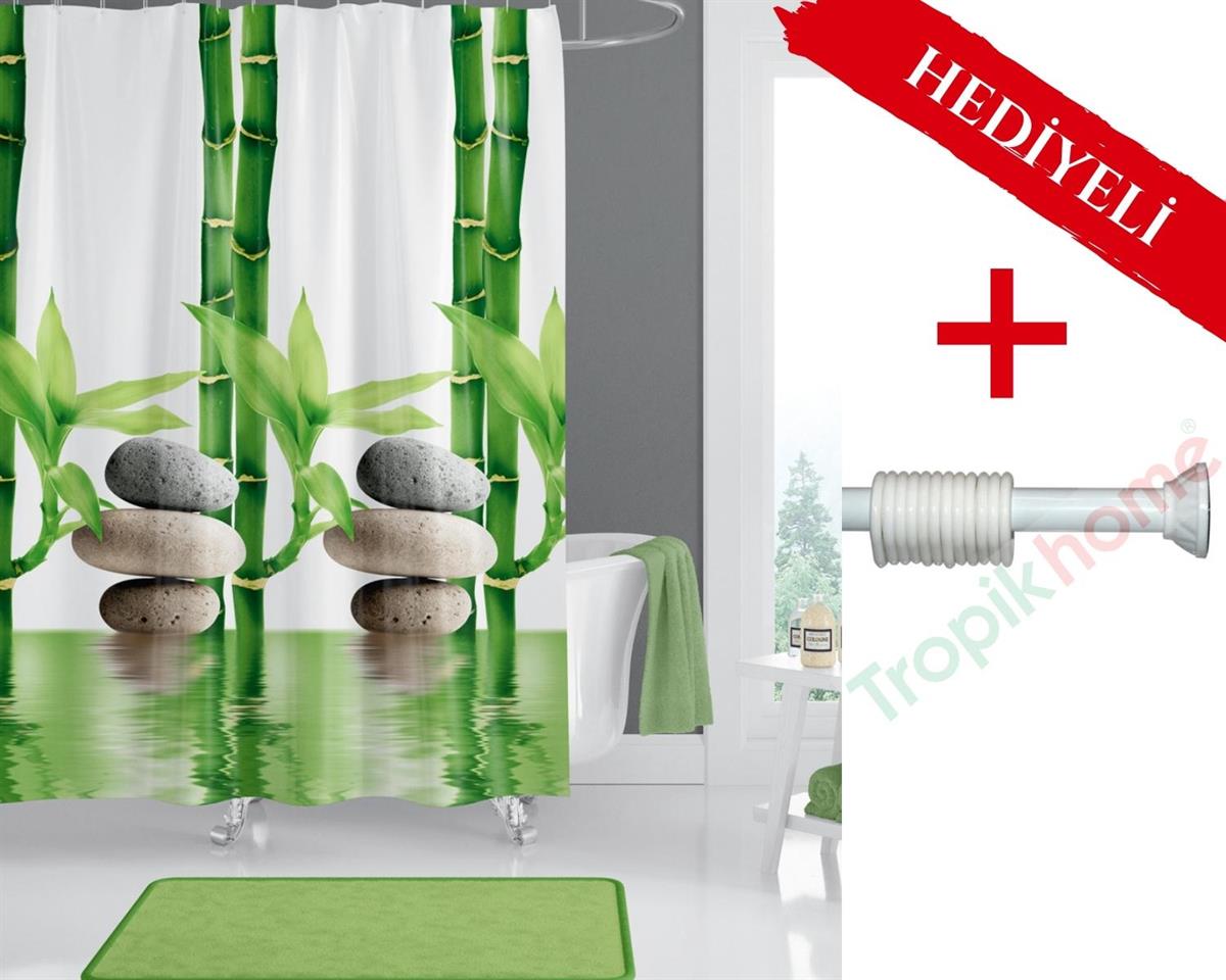 Bamboo Banyo Perdesi Askı Hediyeli 180x200cm Tek Kanat Duş Perdesi, Yeşil Banyo Duş Perdesi