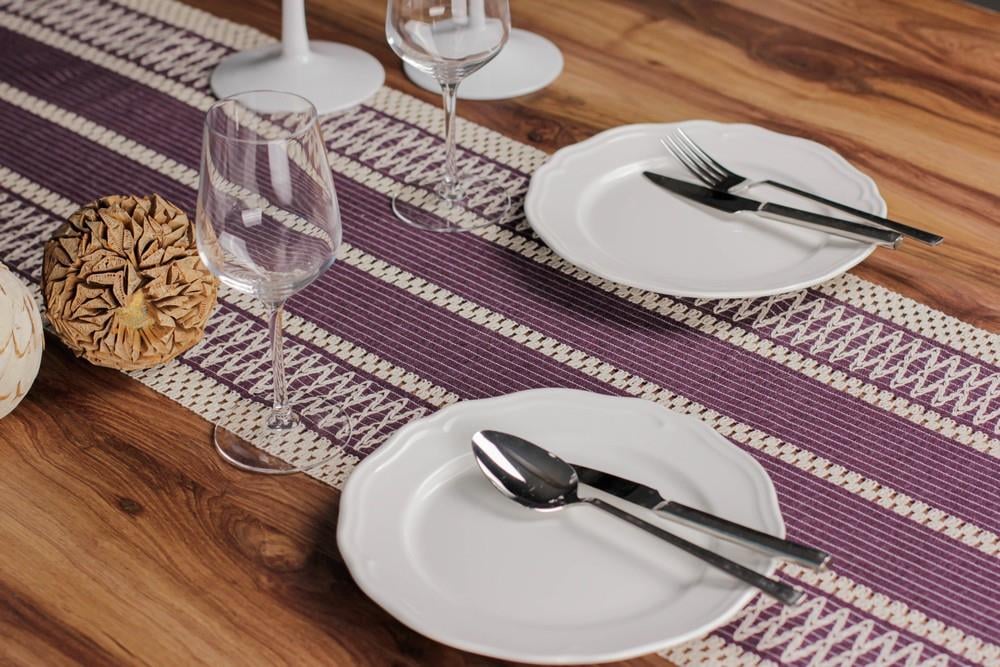 Dantel Mor Runner Püsküllü Organik Pamuk 35x155 Cm Regina Runner Masa Sunum Örtüsü Ham Pamuk Runner