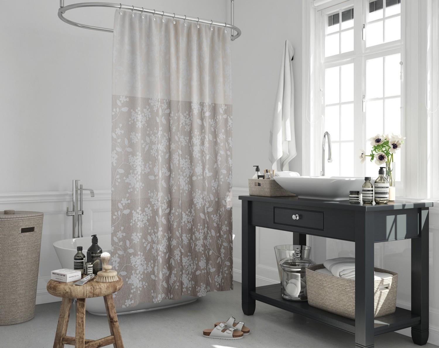 Duş Perdesi Çift Kanat 2x120x200cm Çiçekli Desenli Banyo Perdesi 16 Adet C Halka Hediyeli
