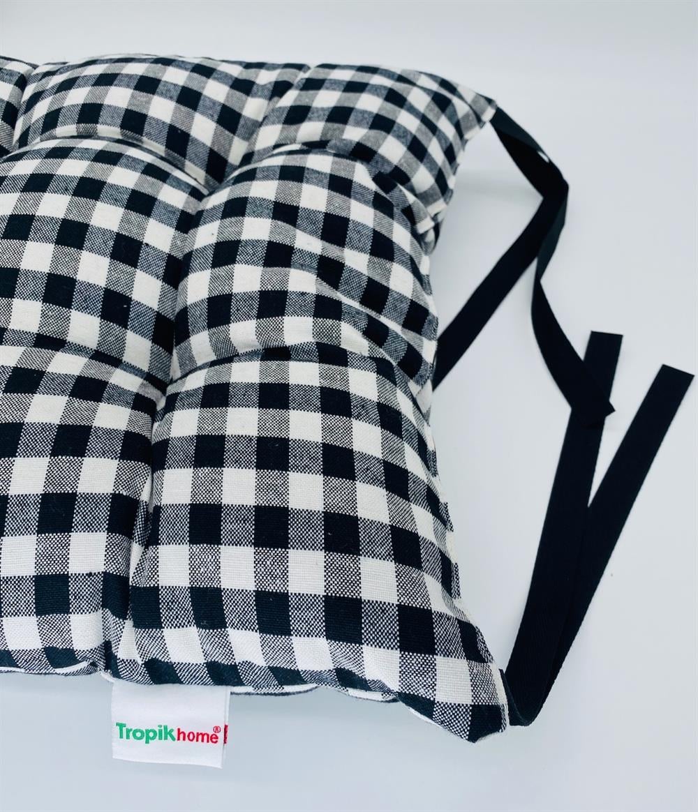 Ekose Siyah Sandalye Minderi Silikon Elyaflı Kare Minder Pamuklu Yıkanabilir Sandalye Minderi 40x40