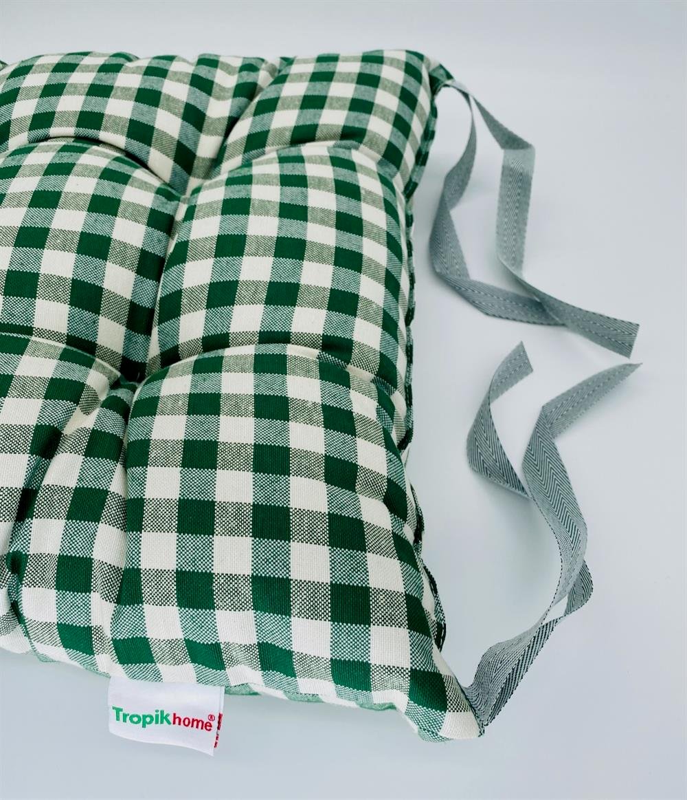 Ekose Yeşil Renk Pamuklu Kumaş Pofidik Kare Dekoratif Sandalye Minderi 35x35 cm