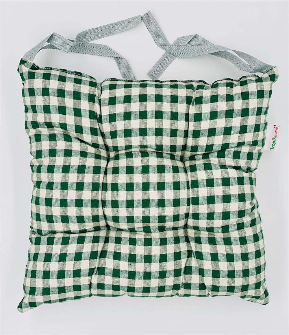 Ekose Yeşil Renk Pamuklu Kumaş Pofidik Kare Dekoratif Sandalye Minderi 35x35 cm