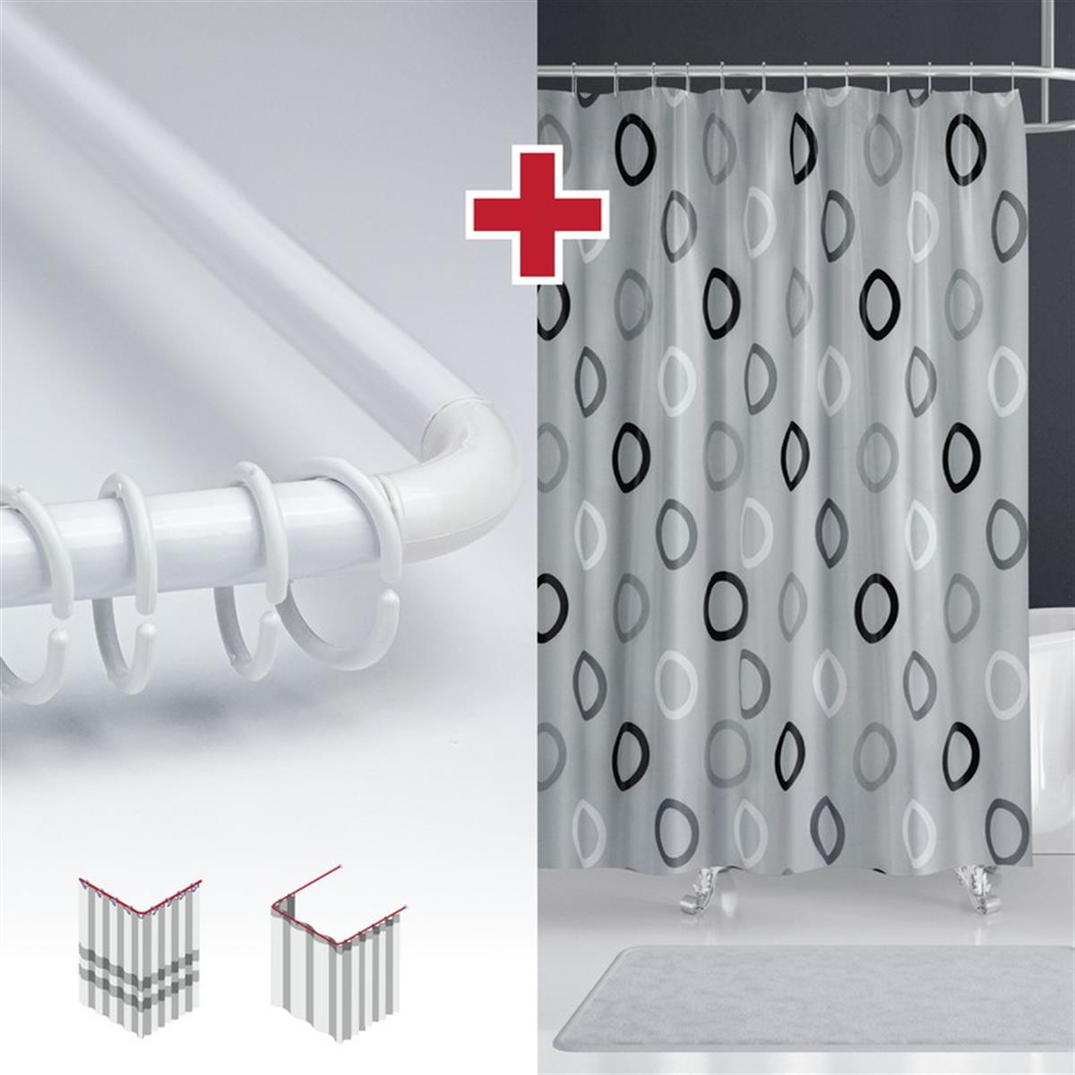 Geometrik Gri Desen Banyo Perdesi Askı Hediyeli 180x200cm Tek Kanat Duş Perdesi, L Boru Hediyeli