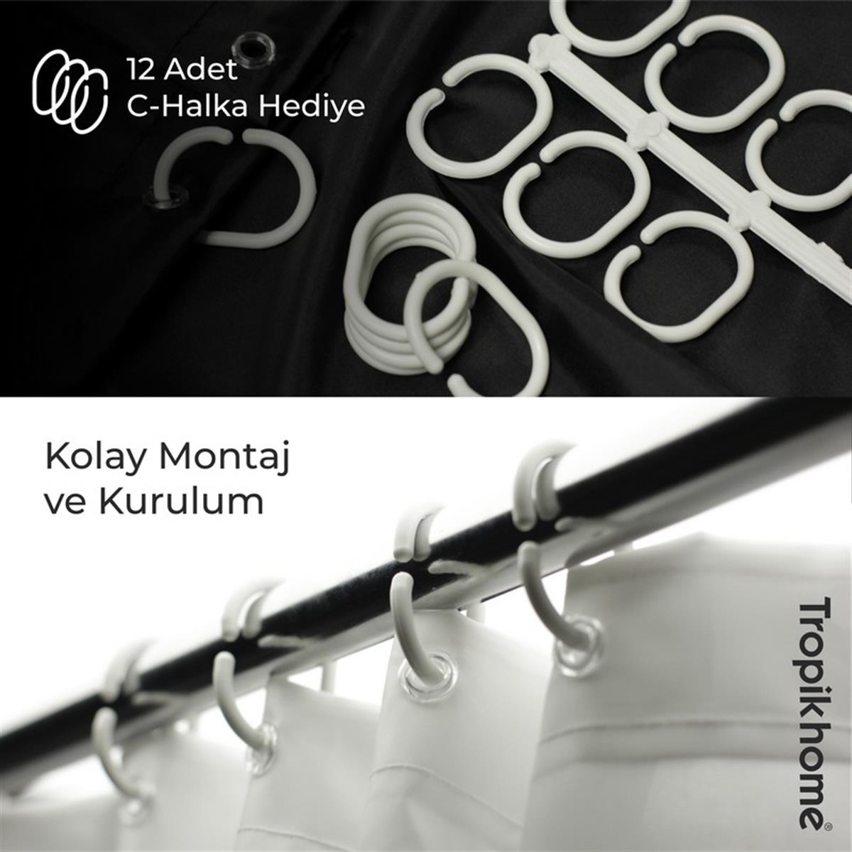 Geometrik Gri Desen Banyo Perdesi Askı Hediyeli 180x200cm Tek Kanat Duş Perdesi, L Boru Hediyeli