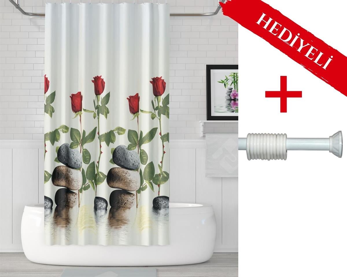 Gül Desen Banyo Perdesi Askı Hediyeli 180x200cm Tek Kanat Duş Perdesi, Kırmızı Banyo Duş Perdesi