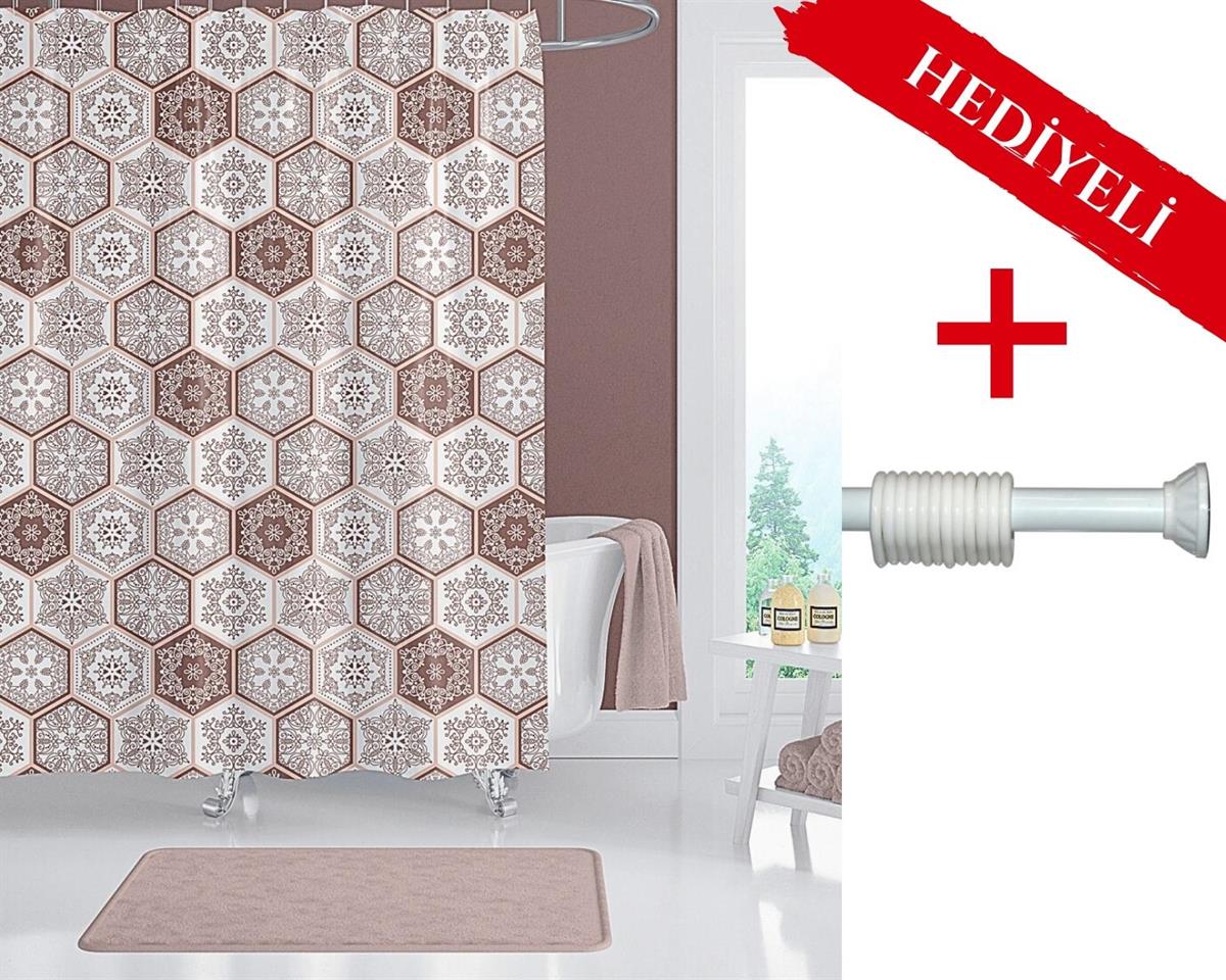 Kahverengi Banyo Perdesi Askı Hediyeli 180x200cm Tek Kanat Duş Perdesi, Şal Desen Banyo Duş Perdesi