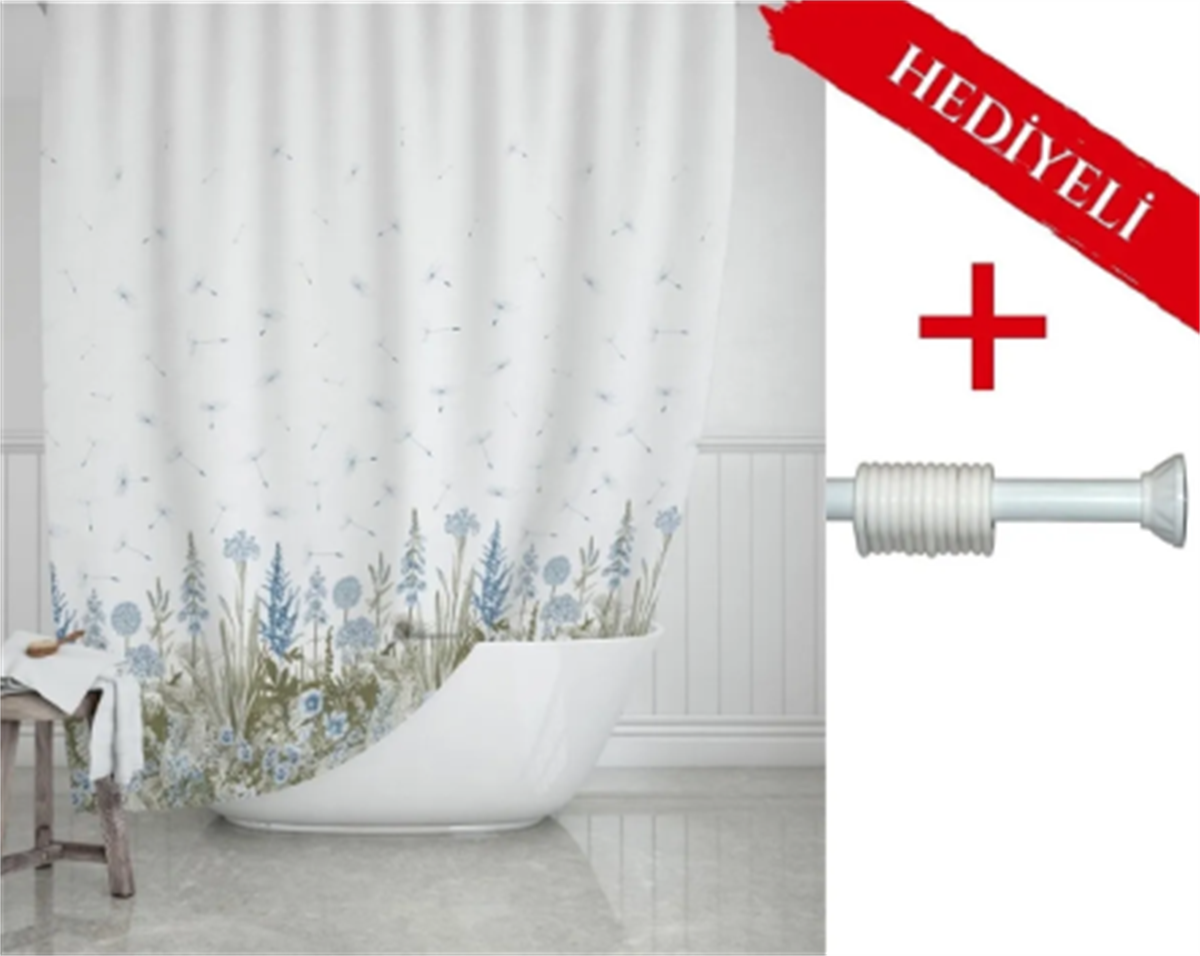 Kır Banyo Perdesi Askı Hediyeli 180x200cm Tek Kanat Duş Perdesi, Renkli Çiçekli Banyo Duş Perdesi