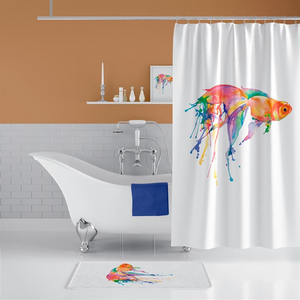 Küvet Perdesi-Dijital Baskı Balık Desen Banyo Duş Perdesi, Su Geçirmez Banyo Duş Seti 180x200 cm
