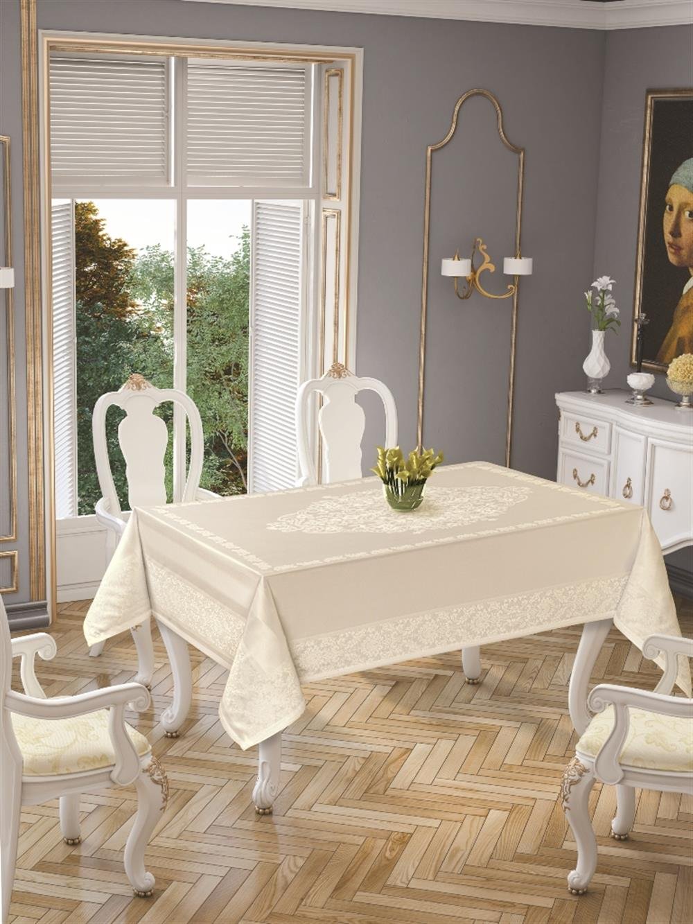 Leke tutmaz masa örtüsü 8 kişilik lüx polyester kumaş masa örtüsü, krem masa örtüsü