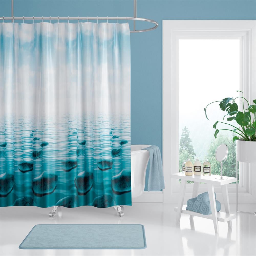 Mavi Banyo Perdesi-180x200 cm Taş Desen Banyo Duş Perdesi-C Halka Hediyeli Duş Perdesi