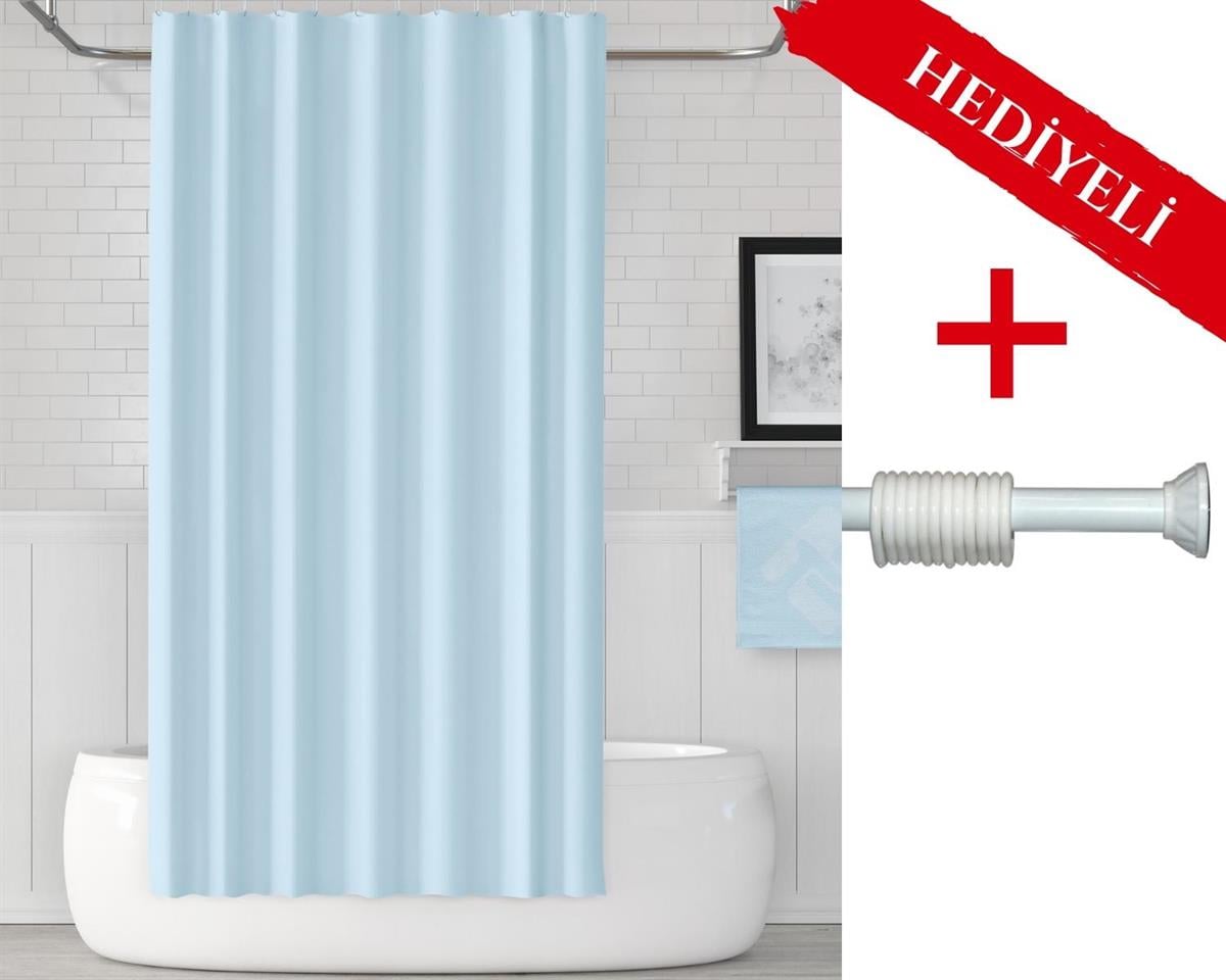 Mavi Banyo Perdesi Askı Hediyeli 180x200cm Tek Kanat Duş Perdesi, Açık Mavi Banyo Duş Perdesi