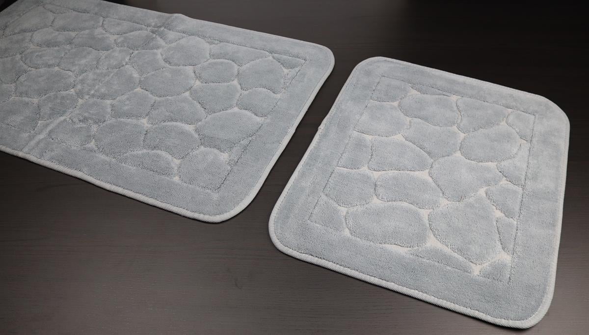 Mera Kaymaz Taban 2'li Pamuklu Banyo Paspası Gri Yıkanabilir Su Emici 60x100cm ve 50x60cm Gri Pamuklu Banyo Halısı